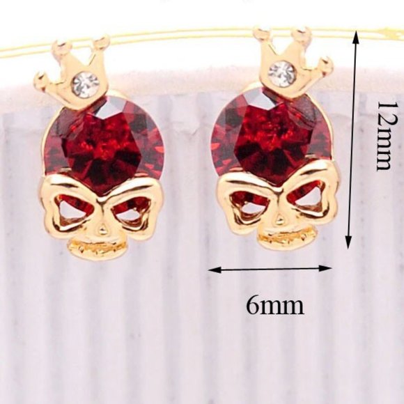 Ruby Red Skull & Crown Stud Earrings - Picture 3 of 3